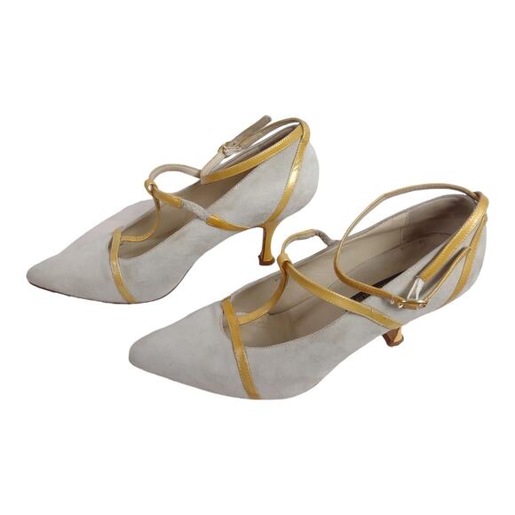 LARRY STUART Light Gray Suede Yellow Mary Jane Skinny Heels Sz 8.5 Sexy Strappy - Picture 5 of 10